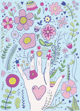 Hand drawn colorful childish hand and flowers sketchのイラスト素材