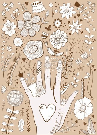 Hand drawn colorful childish hand and flowers sketch vector illustrationのイラスト素材