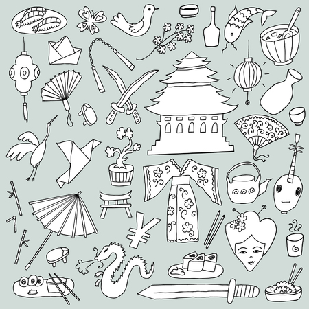 Hand drawn Japanese isolated objects set.のイラスト素材