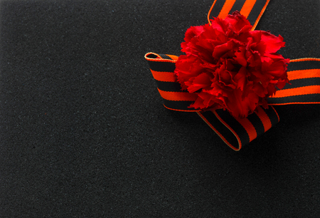 Red carnations and St George ribbonの写真素材