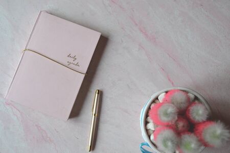 Notebook and pen on the pink textured background.の写真素材