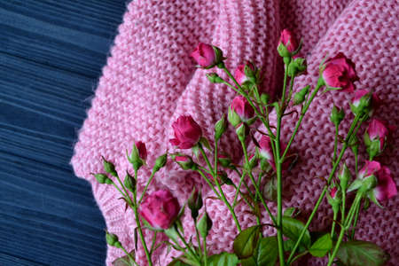 Pink roses and sweater on the table. Beautiful background for card.