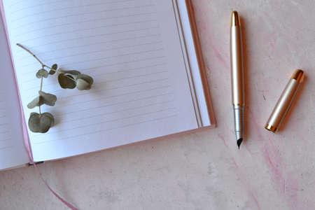 Opened notebook and pen on the pink concrete table. Beautiful business flat lay.