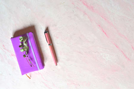Pink notebook, pen and branches of eucalyptus on the textured table.