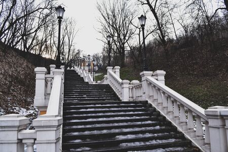 Stairs up in the winter city.の写真素材