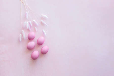 pink easter eggs on pink background with flower and place for text. Minimalの写真素材
