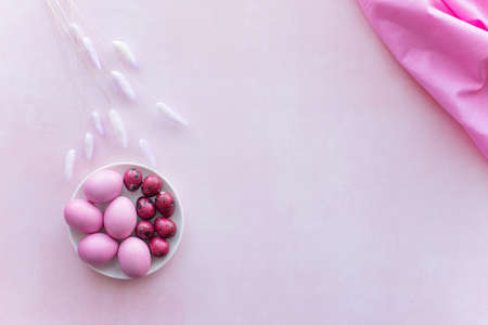 pink easter eggs on pink background with flower and place for text. Minimalの写真素材