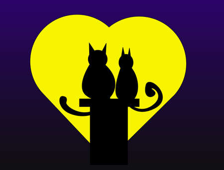 Two cats sitting in the evening on chimney top, looking at the moon in the shape of heartの写真素材