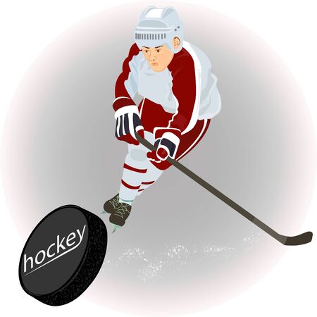 A hockey player in a red and white uniform scores a goal, vector illustration.のイラスト素材