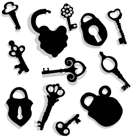 Vector illustration of keys and locks with shadow on a light gray backgroundのイラスト素材