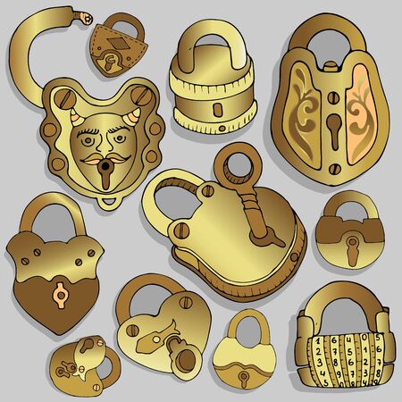 Hand-drawn collection of vector retro objects in gold color.のイラスト素材