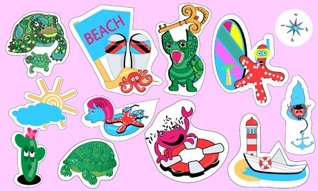POINTER SIGN WITH AN ARROW THAT SUMMER IS COMING.CRAB, STARFISH, SURFING, INFLATABLE CIRCLE, LIGHTHOUSE WITH A SHIP, TURTLES AND OTHER PICTURESのイラスト素材