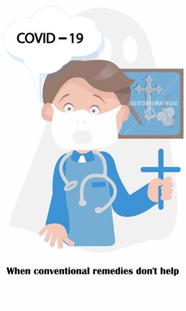 The doctor puts on a face mask,washes his hands, eats hot food and avoids going to risky places.But when this does not help, he hopes for God and the cross. Vector illustration with humor.のイラスト素材