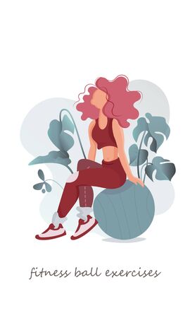 Flexibility Exercise, Workout . Yoga Instructor in Sportswear Cartoon Character.Healthy Young Woman Working out. Pilates Training.のイラスト素材