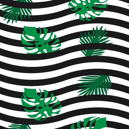 Tropical leaves on a black and white striped background.Suitable for a daily or postcard page.のイラスト素材