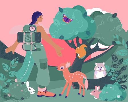 Young girl tourist with a backpack. Meeting with cute animals.のイラスト素材