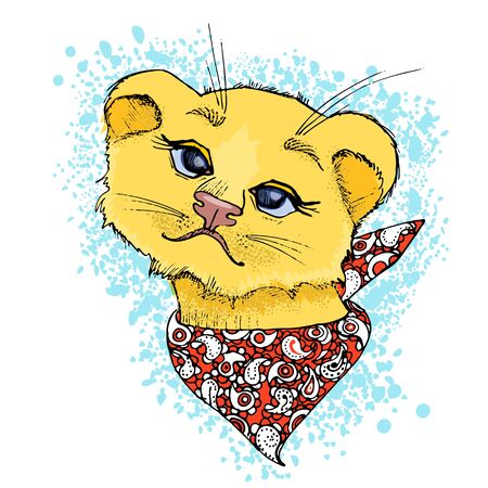 Lion cub with a bandana on his neck and background in the form of a blue blot.のイラスト素材