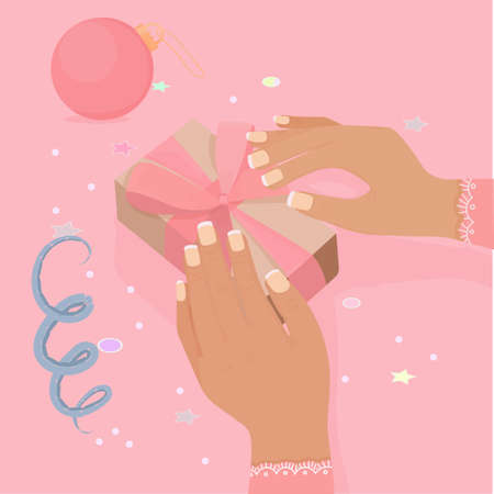 A small box with a bow in female hands in pink.のイラスト素材