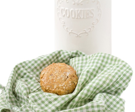 Oatmeal cookies and box isolated on white backgroundの写真素材
