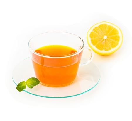 Tea with lemon and mint on white background, closeupの写真素材