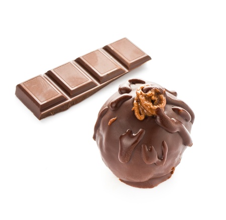 Chocolate tasty candy and a bar isolated on white background, macroの写真素材