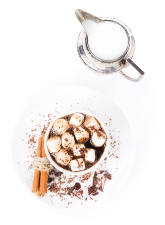 Hot chocolate with mini marshmallow  and cinnamon in a white cup on a plateの写真素材