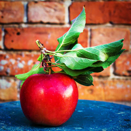 Red Big Apple with green leaves on rustic vintage background, close up. Still life photo with fresh red apple in a wooden background.の写真素材