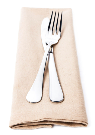  Linen napkin with cutlery - knife and fork, Serving  isolated on white backgroundの写真素材