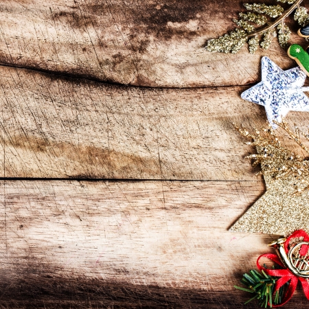Christmas background with copyspace, Christmas decorations on wooden old table. の写真素材