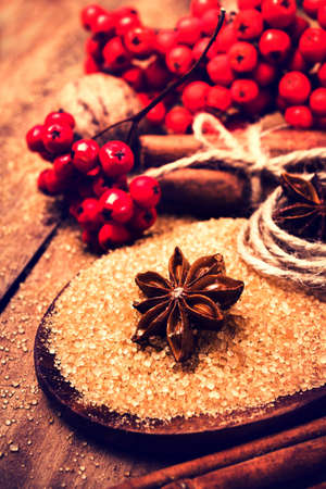 Christmas spices for holiday baking - Cinnamon sticks and star anise with red berries on brown sugar macro. の写真素材