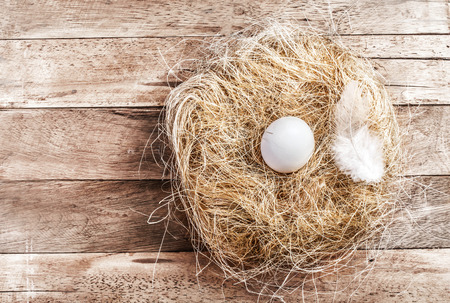 Easter nest with White Egg on dark grunge  wooden background with copyspace の写真素材