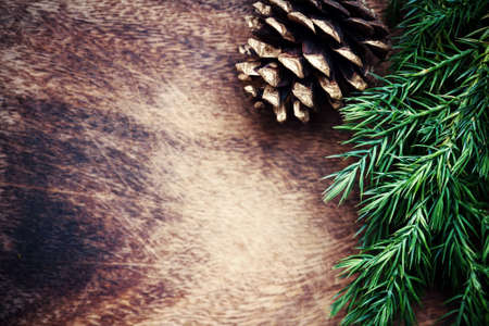 Christmas wooden textured background with fir tree and copy space