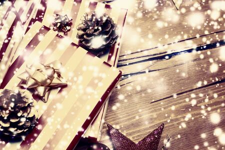 Winter Christmas Card with festive decoration - New Year holiday background with copy spaceの写真素材