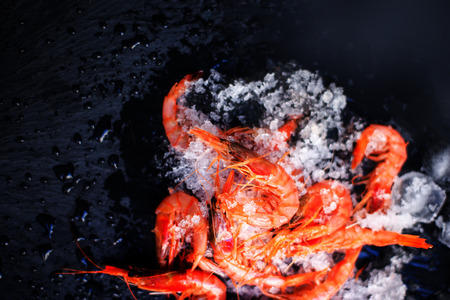 Fresh raw shrimps on black background with ice - Food backgroundの写真素材