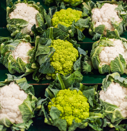 Organic cauliflower on a stall at organic farmers grocery store.の写真素材