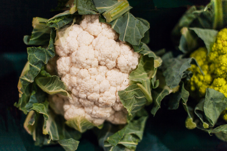 Organic cauliflower on a stall at organic farmers grocery store.の写真素材