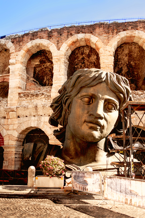 VERONA, ITALY - June 26, 2017: Verona Arena (Arena di Verona), a Roman amphitheatre with opera decoration  in Piazza Bra in Verona, Veneto region of Italyのeditorial素材