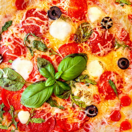Pizza pepperoni Pattern Background. Fresh  Pepperoni Pizza with mozzarella cheese, Basil leaf, olives   and tomato sauce, macro.
の写真素材
