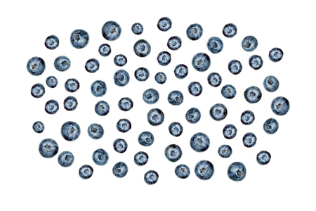 Seamless pattern with fresh berry fruits. Blueberries with leaves isolated on white background, flat...