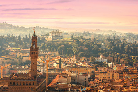 Bird view of Florence, Tuscany, Italy. View from Cathedral Santa Maria Del Fiore. Beautiful Florence sunset skyline,の写真素材