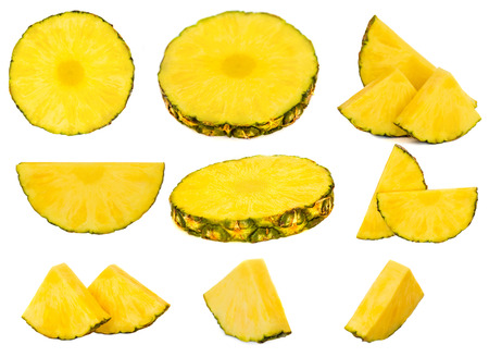 Sliced Pineapple isolated on white background. Pineapple pieces fruit collection.の写真素材
