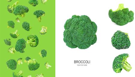 Broccoli Isolated. Creative layout made of flying broccoli pieces. Healthy Food Concept.  Flat lay.の写真素材