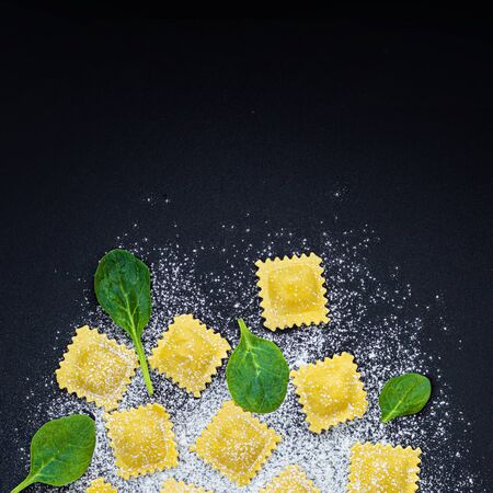Fresh ravioli pasta with Spinach, flour and herbs on dark background, top view.  Italian Raviolli. Copy space.の写真素材