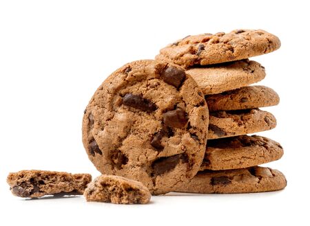 Chocolate chip cookies isolated on white background. Stack of Cocoa Butter cookies close up