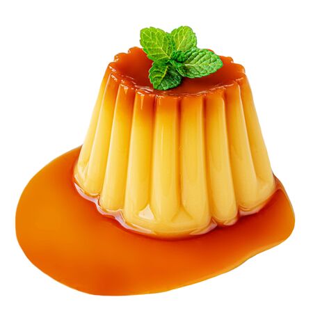 Pudding caramel custard with caramel sauce and mint leaf isolated on white backgroundの写真素材