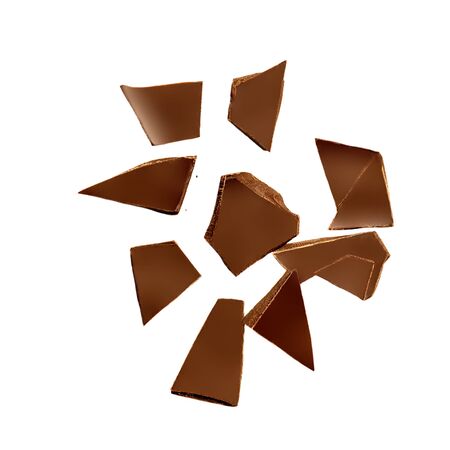 Flying Dark chocolate pieces isolated on white background.  Chocolate bar chunks, shavings and cocoa crumbs Top view. Flat layの写真素材