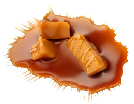 Soft caramel isolated on a white background. Salted melted toffee candy with caramel sauce, top viewの写真素材