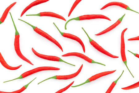 Red hot chili peppers isolated on white background top view. Flat lay. Chilly pepper pattern