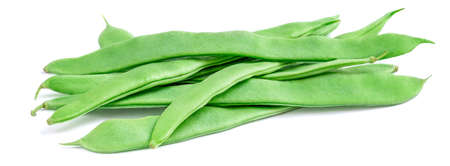 Green beans isolated on a white background. Side view of fresh pea pods. Bunch of organic beans