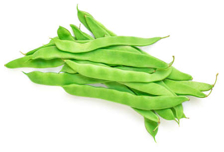 Green beans isolated on a white background. Fresh pea pods. Top view. Flat lay